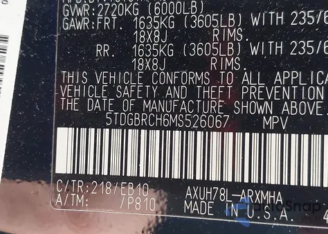 2021 Toyota Highlander Hybrid Xle from USA, damaged, VIN 5TDGBRCH6MS526067